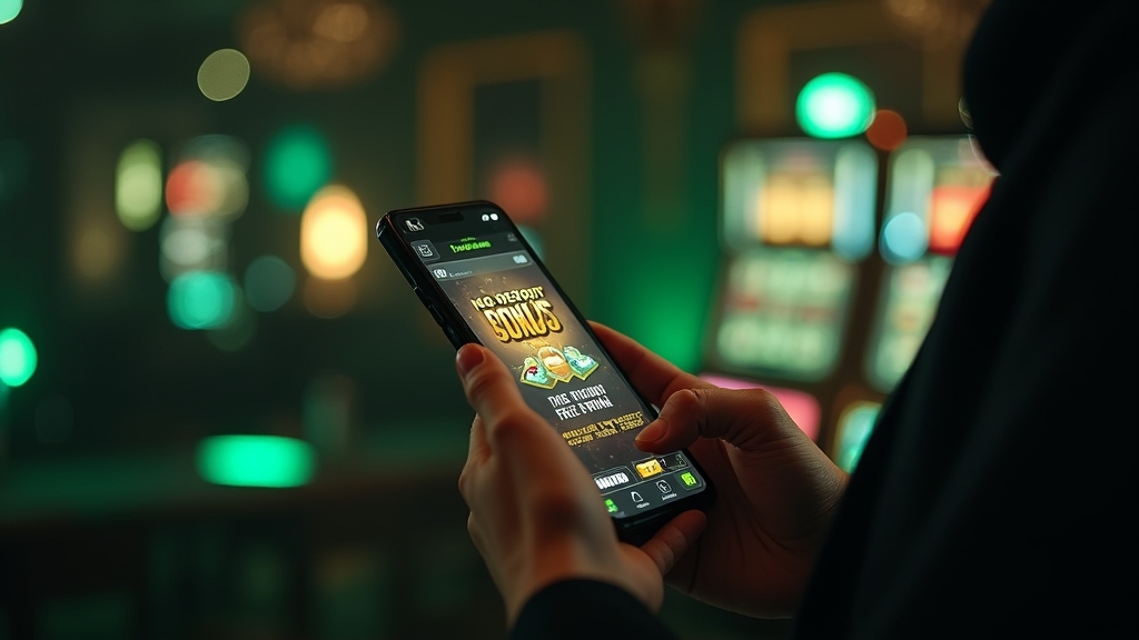 Player reviewing a no-deposit bonus offer in a dark casino setting