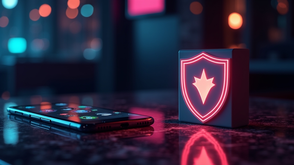 Android phone beside an APK icon and shield in a neon casino setting